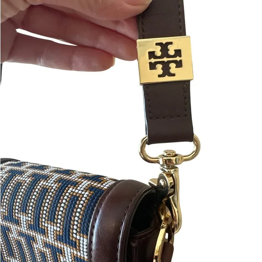Tory Burch Mini Crossbody Navy Brown Logo Jacquard‎ Lock Bag